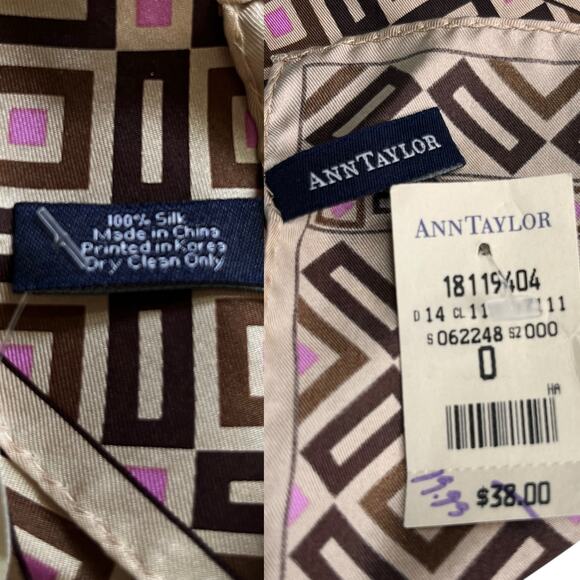 Vintage Ann Taylor Silk Scarf Geometric Brown Beige Pink New - Picture 6 of 13